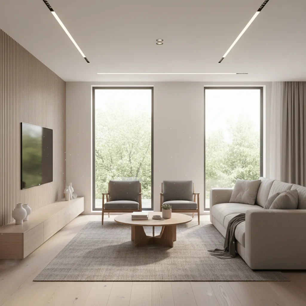 Modern living room with wood wall panel sofa coffee table chairs and large floor windows