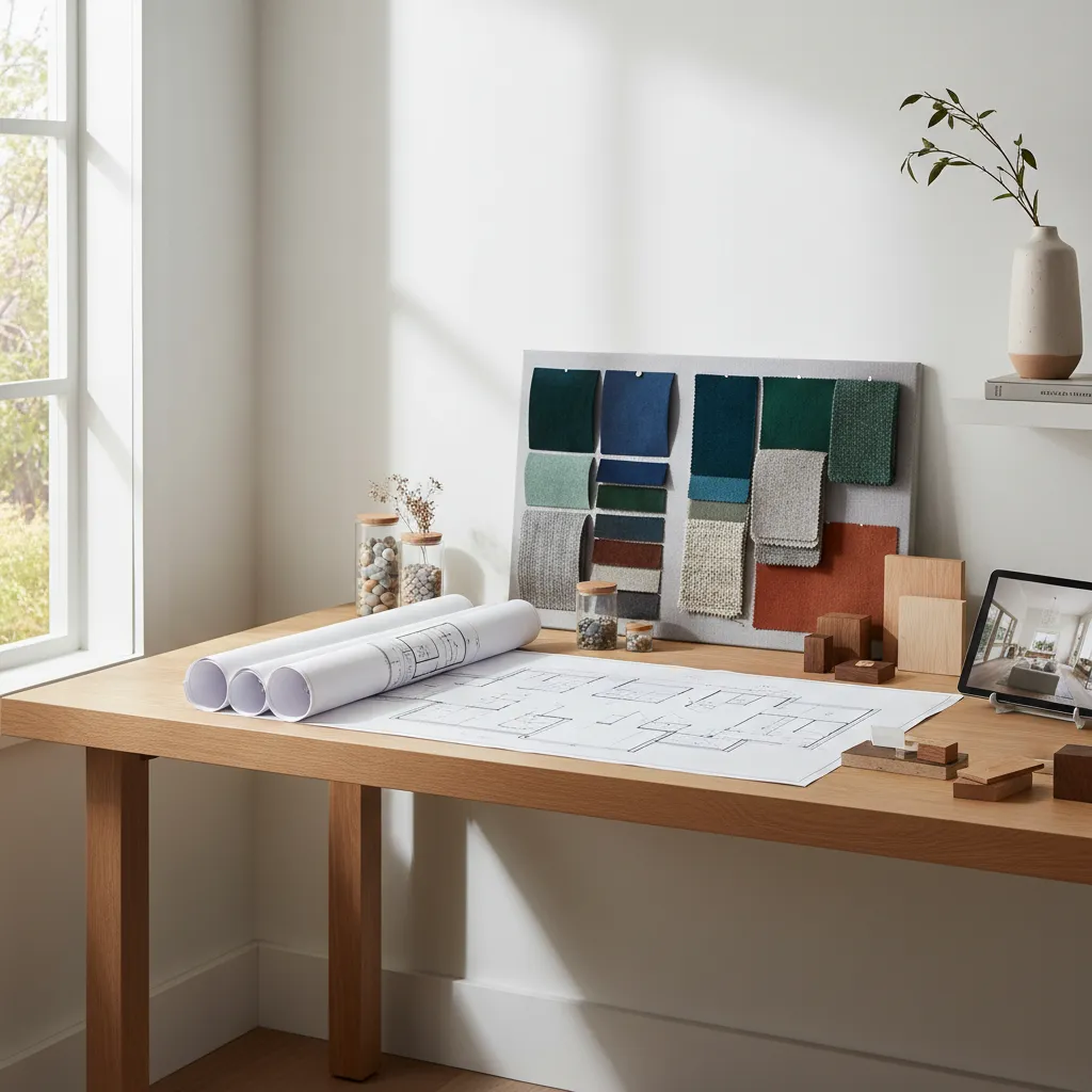 proyecto de interiorismo residencial con planos y muestras de materiales