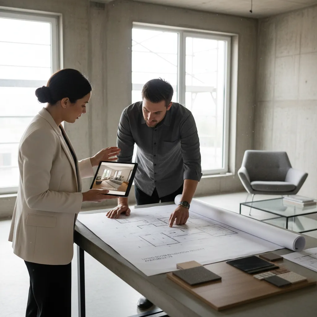 Diseñador revisando un proyecto de renovación de sala de estar
