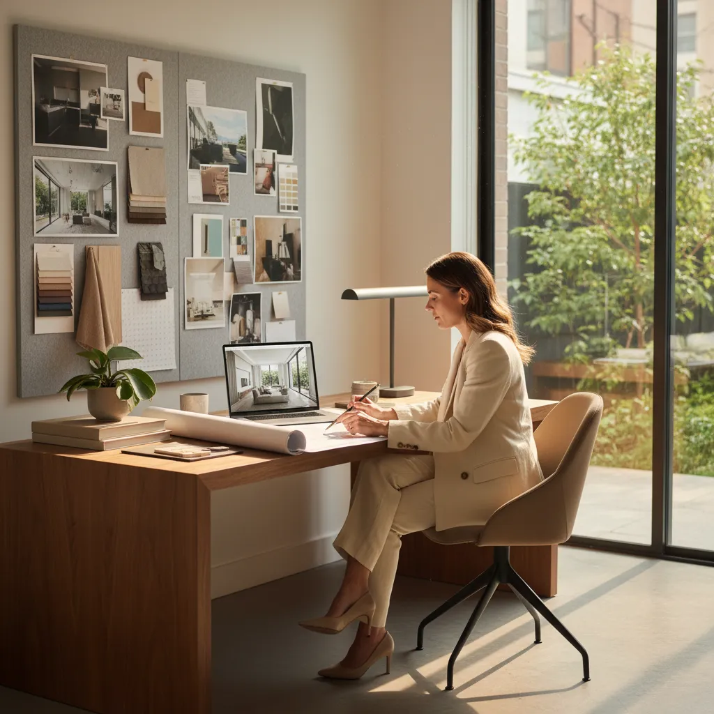 Professional designer using Coohom software while sitting at a desk writing on a floor plan
