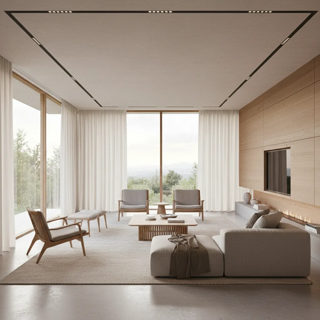 Render realista de un salón moderno diseñado por estudiantes de interiorismo