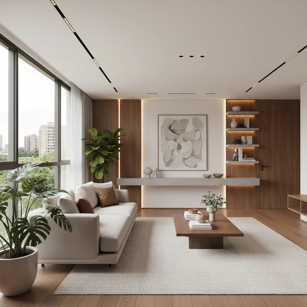 Modern living room with white sofa wooden wall panels open shelves coffee table and windows