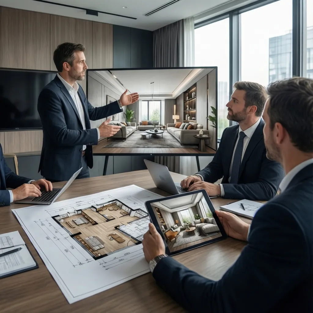 Designer presenting interior design drawing on large screen during meeting with floor plan on table