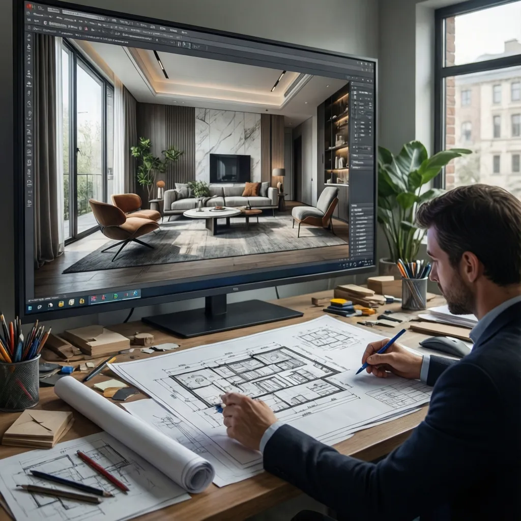 Diseñador revisando planos y visualizaciones de un proyecto de interiorismo