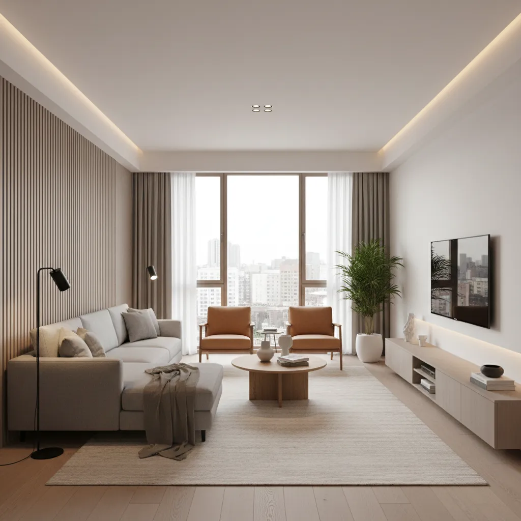 Modern living room with grey sofa orange armchairs coffee table and windows showing a city