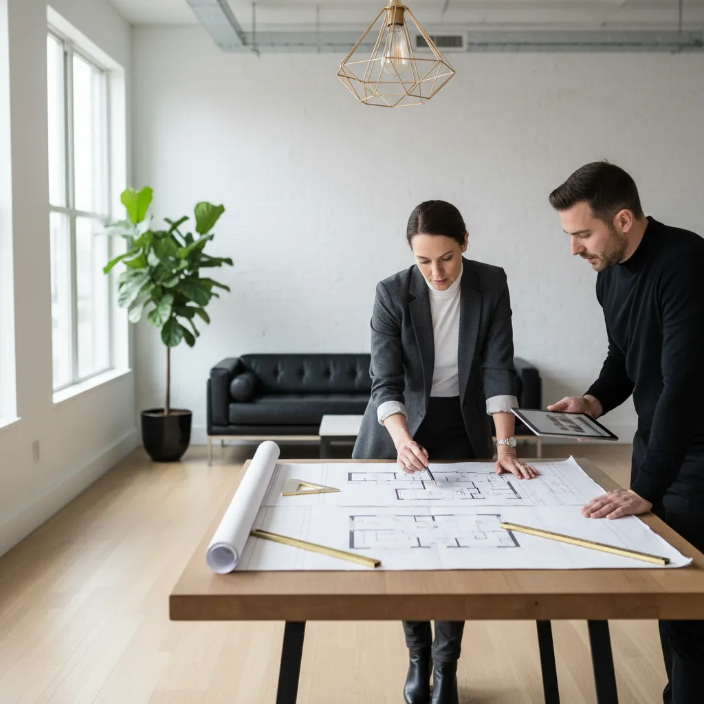 Two designers discussing a floor plan layout on a wooden table in a bright office