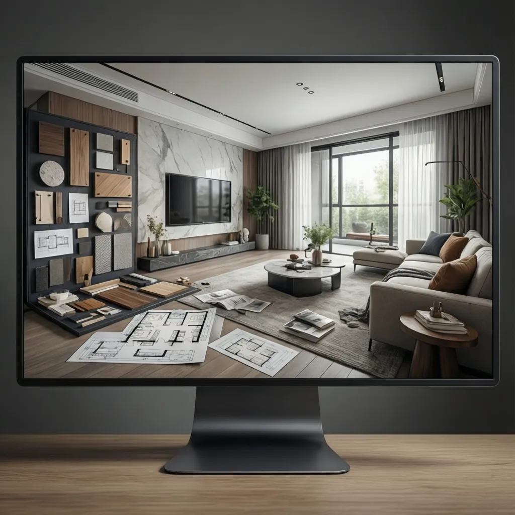 Computer monitor displaying modern living room interior design drawing with sofa and various material samples