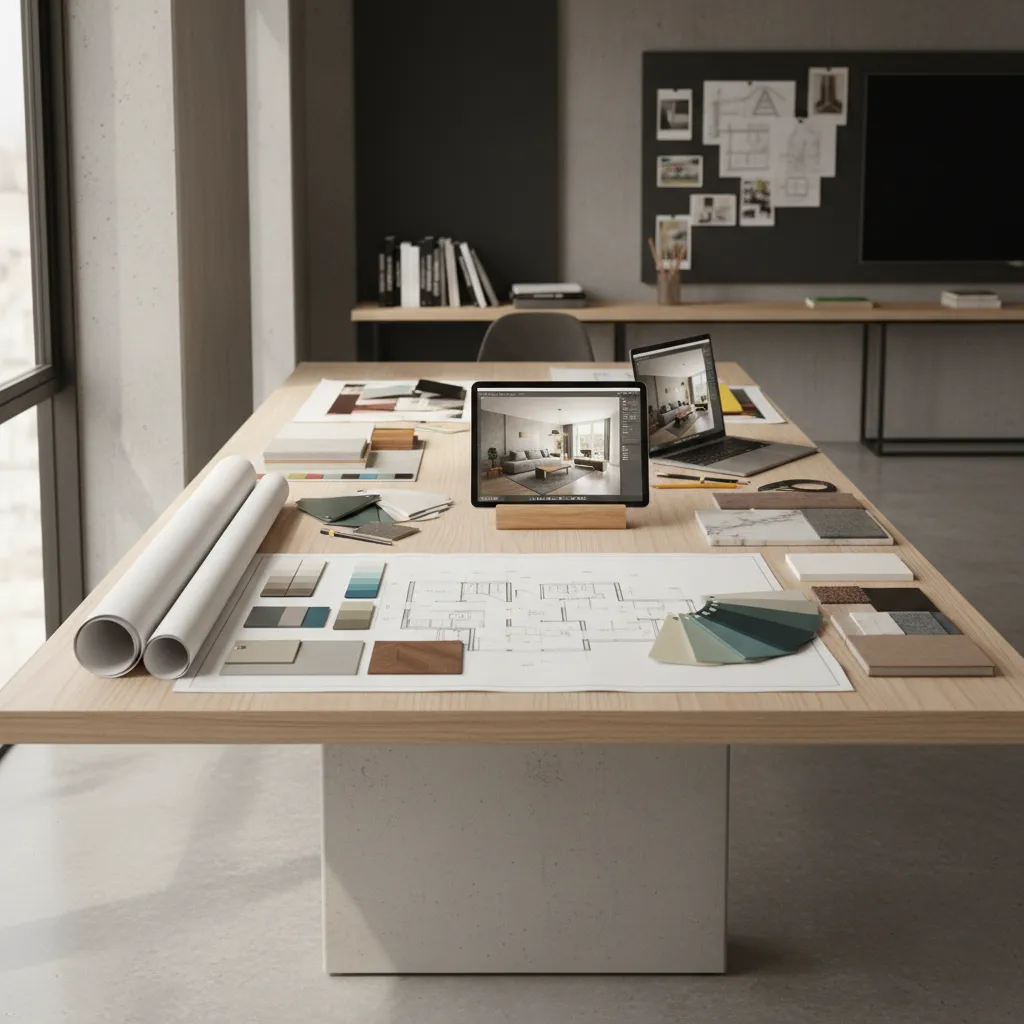 Proyecto de diseño interior con planos, materiales y renders sobre una mesa