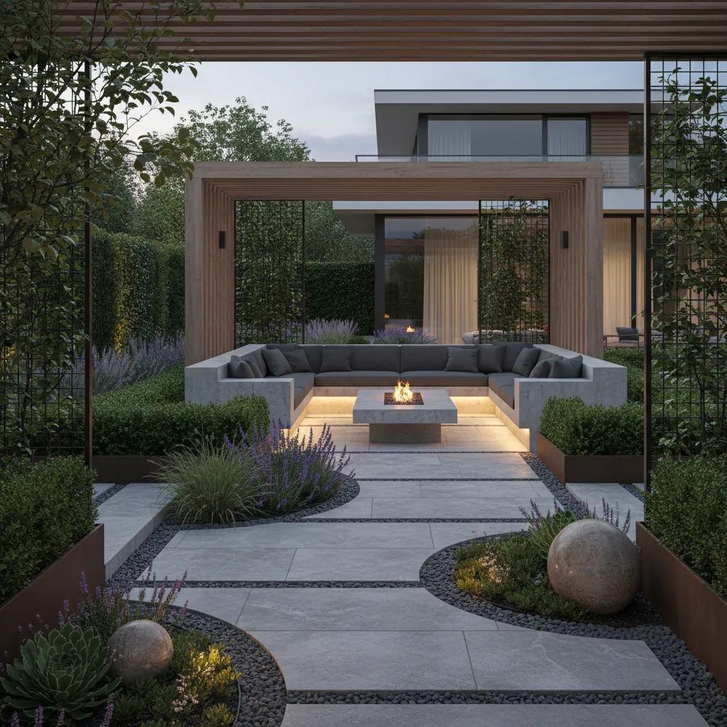 Diseño de jardín residencial con zonas de descanso y vegetación estructurada