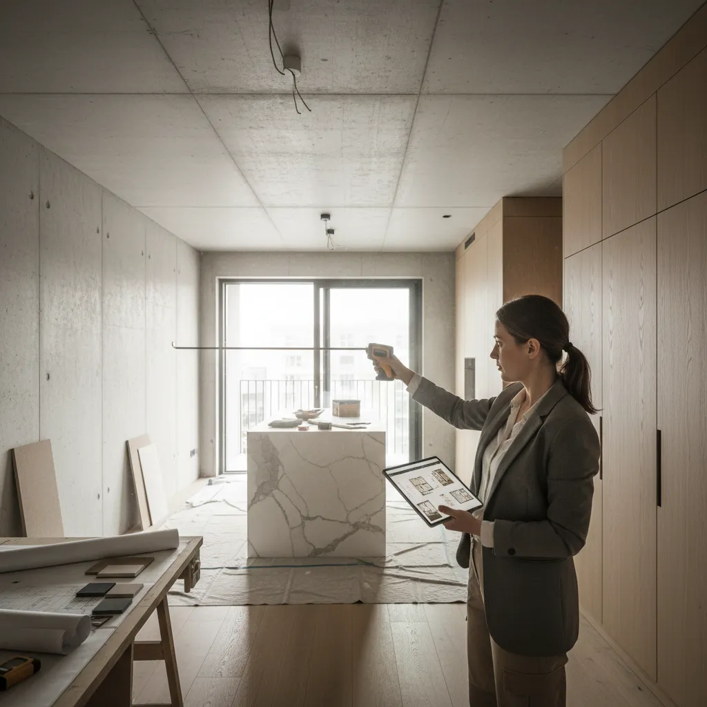 Woman using laser tool in modern room under construction holding tablet with interior design plans