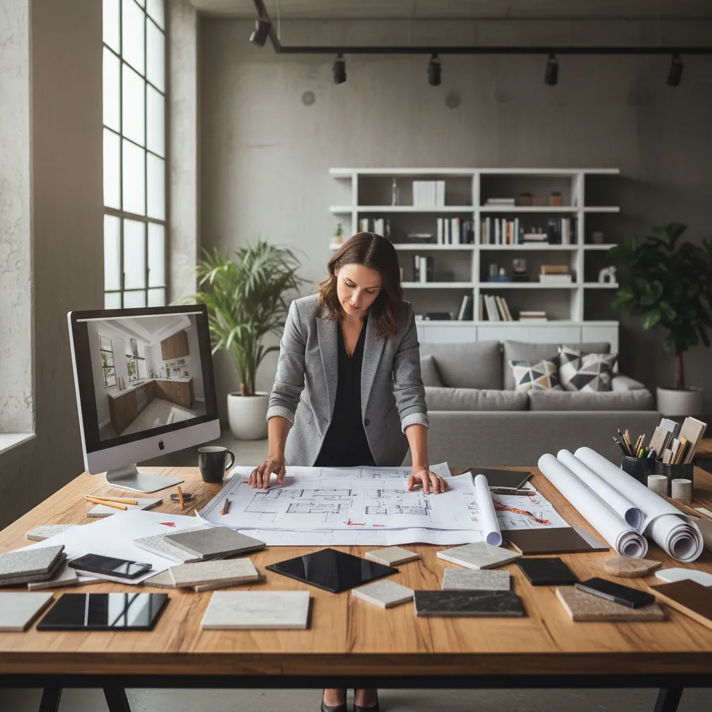 Interior designer reviewing large printed room layout paper on wooden table with various material samples