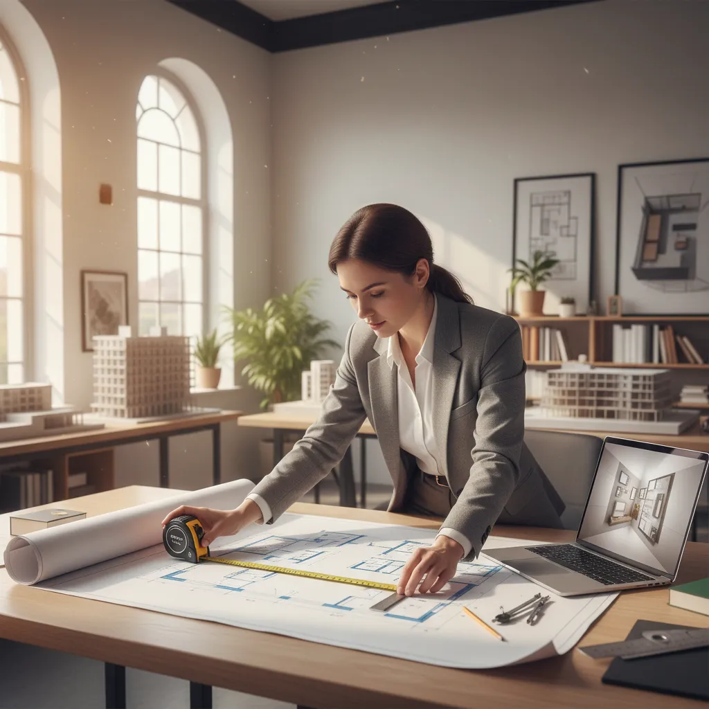 Woman in a grey suit using a yellow tape measure on a house floor plan