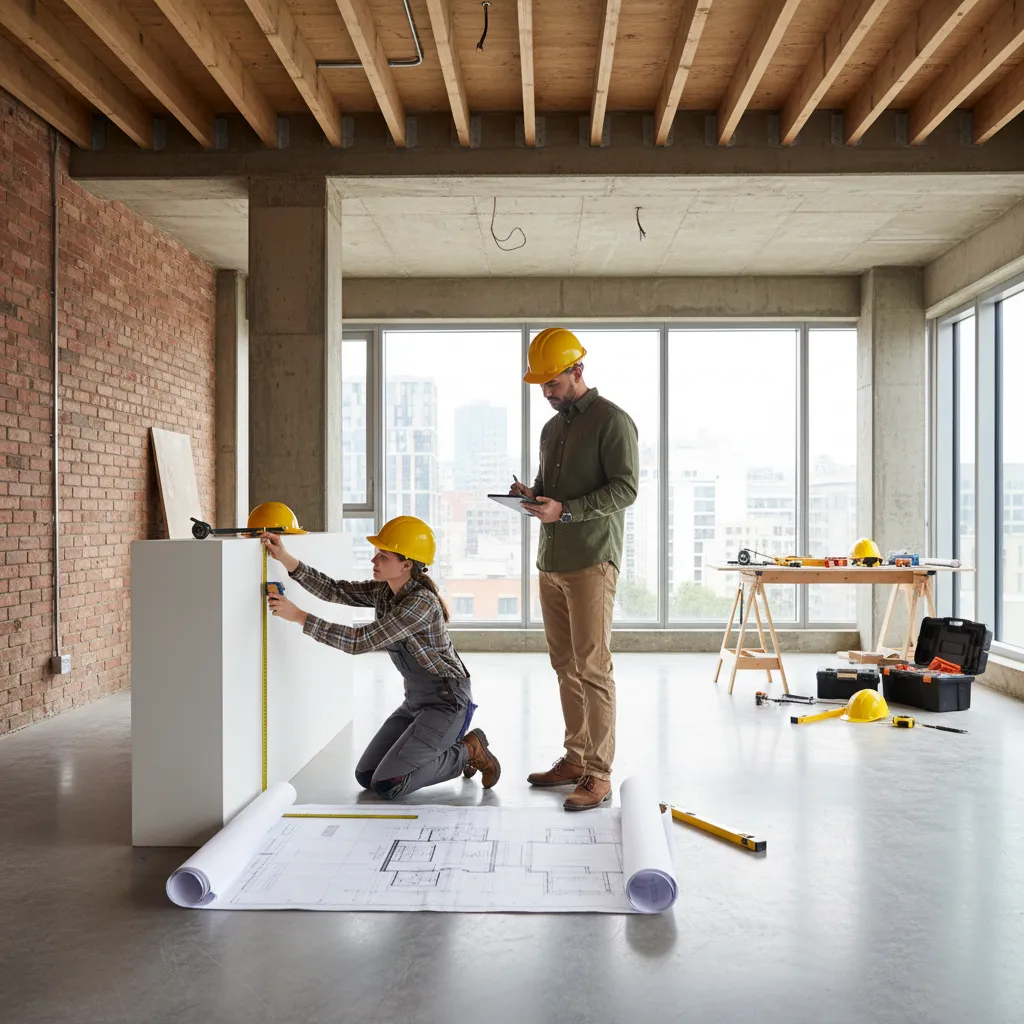 Workers in hard hats measuring a wall panel and checking plans in an unfinished room