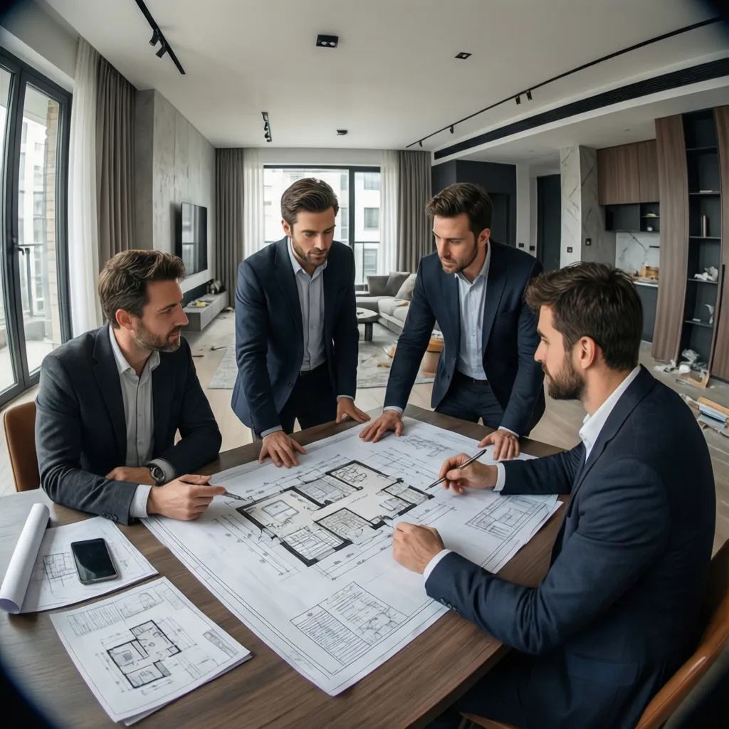 Arquitectos y diseñadores revisando planos durante una reforma de vivienda