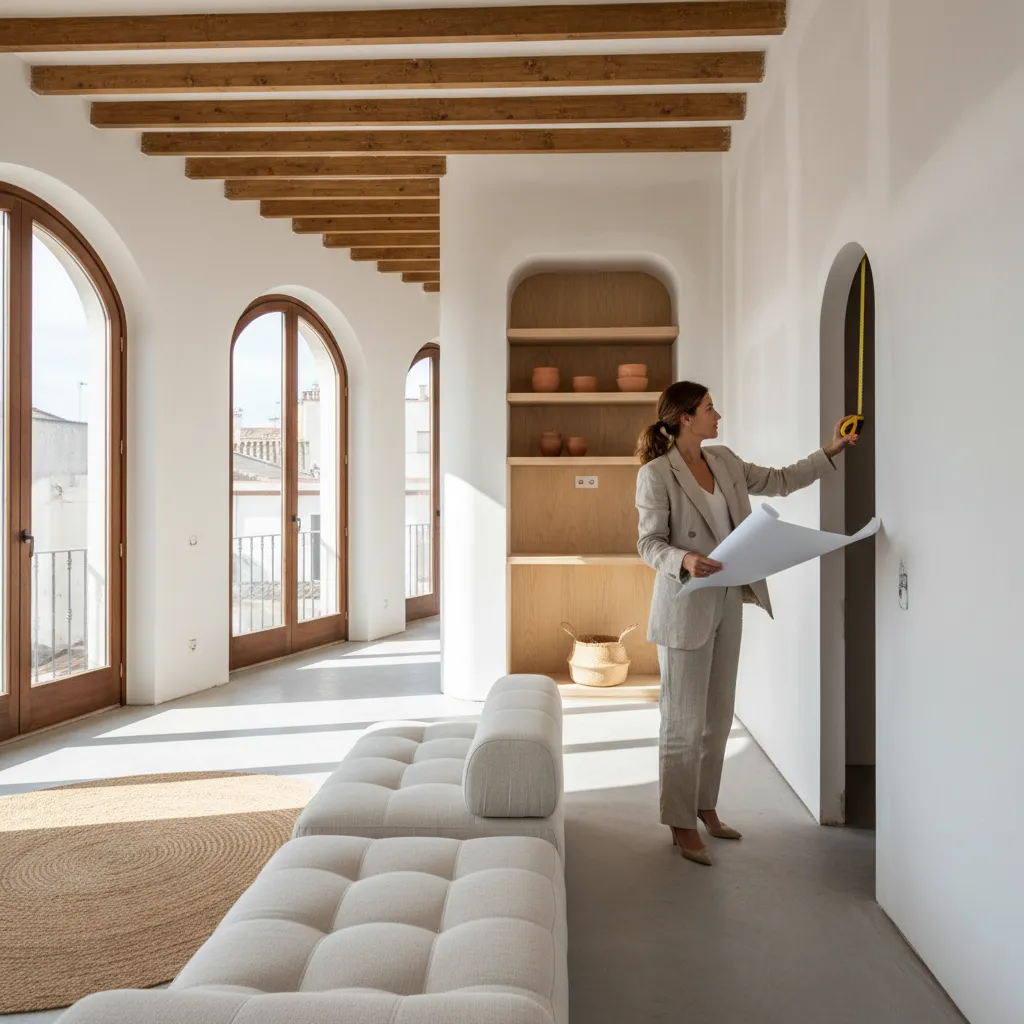 Diseñador de interiores revisando proyecto de reforma en apartamento moderno