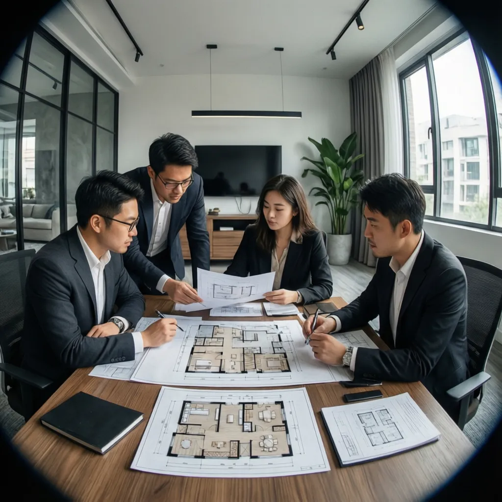 Equipo de diseño revisando un proyecto de reforma residencial
