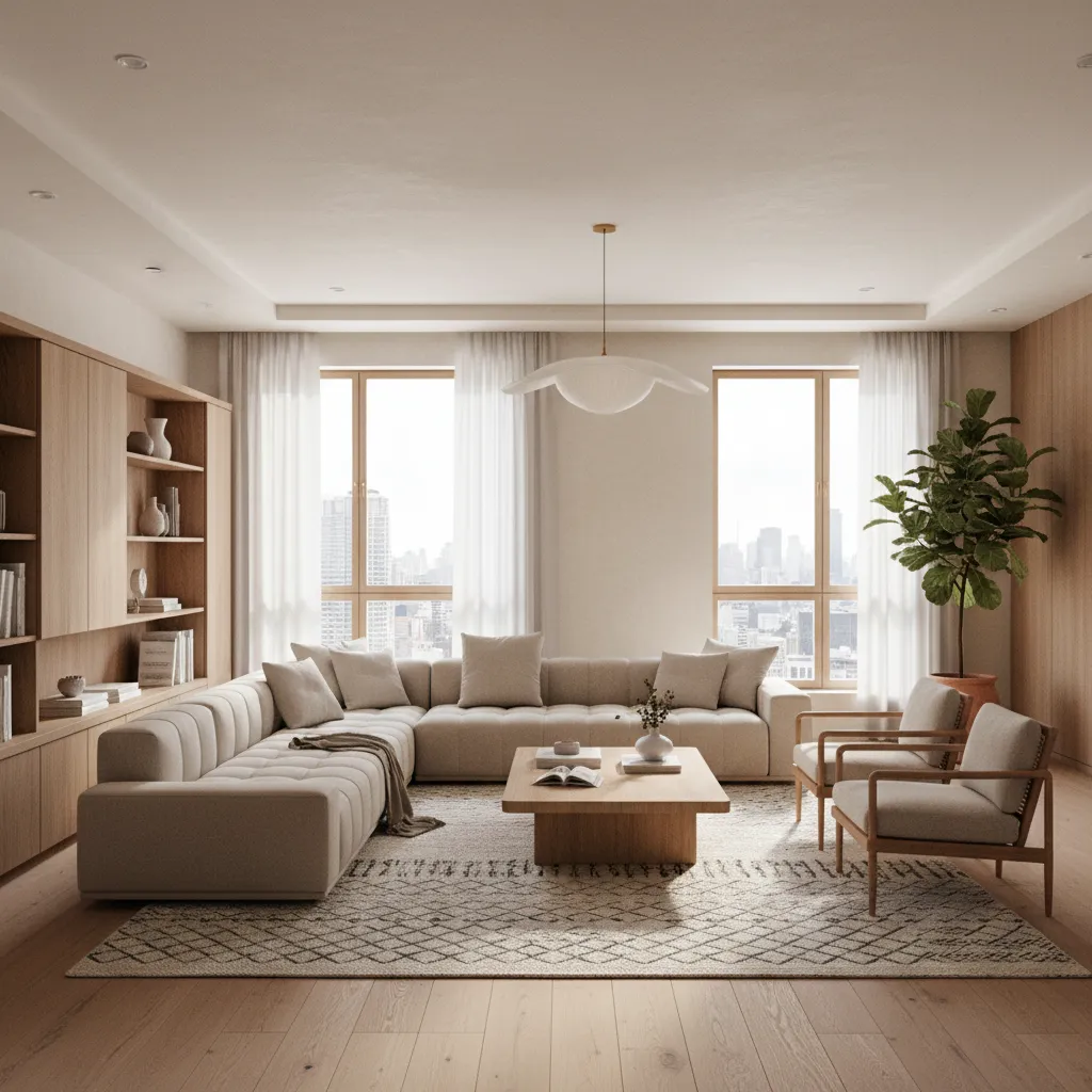 Modern living room with beige sofa, two chairs, wooden table, large windows, and ceiling light