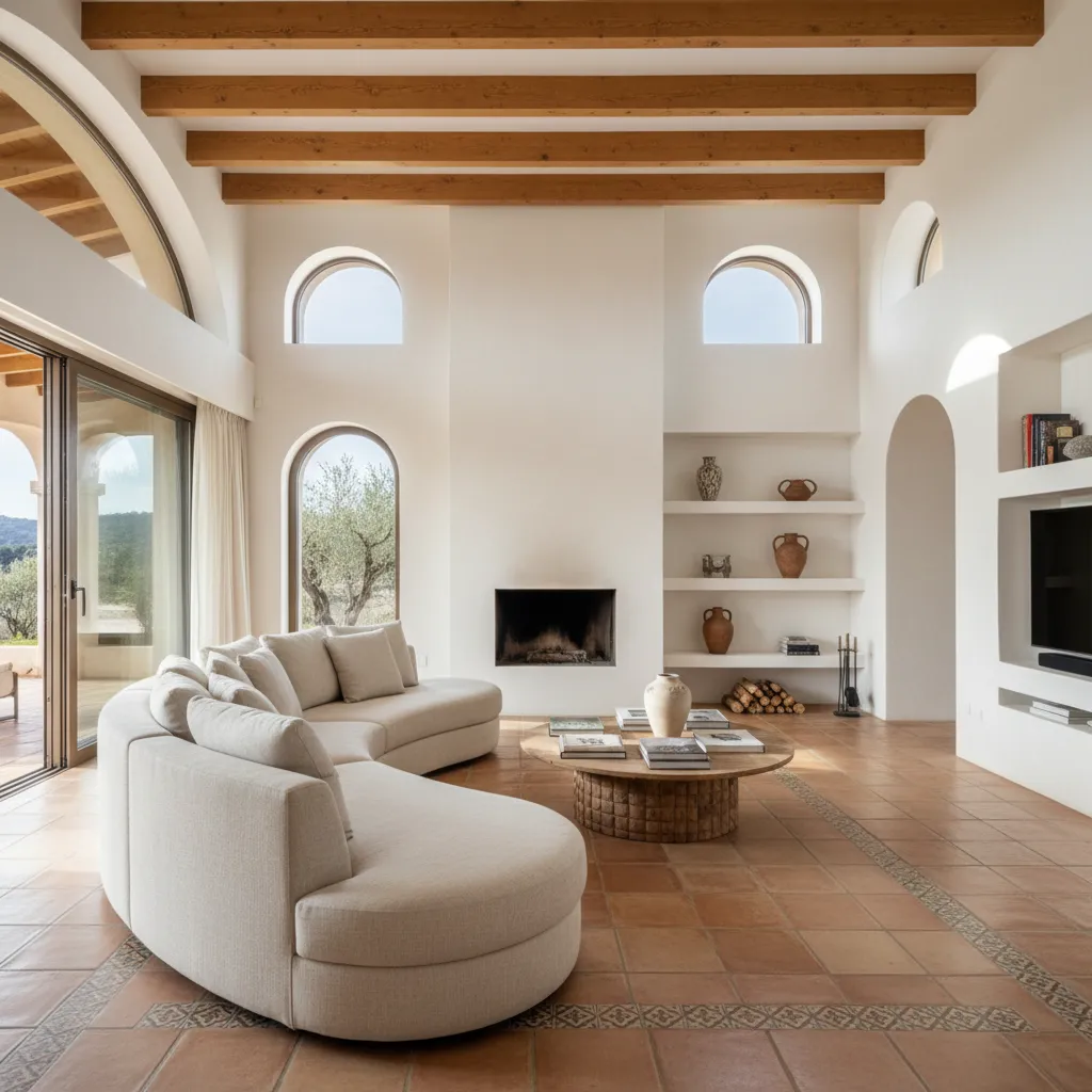 Salón de chalet en Chiva con distribución moderna y muebles contemporáneos