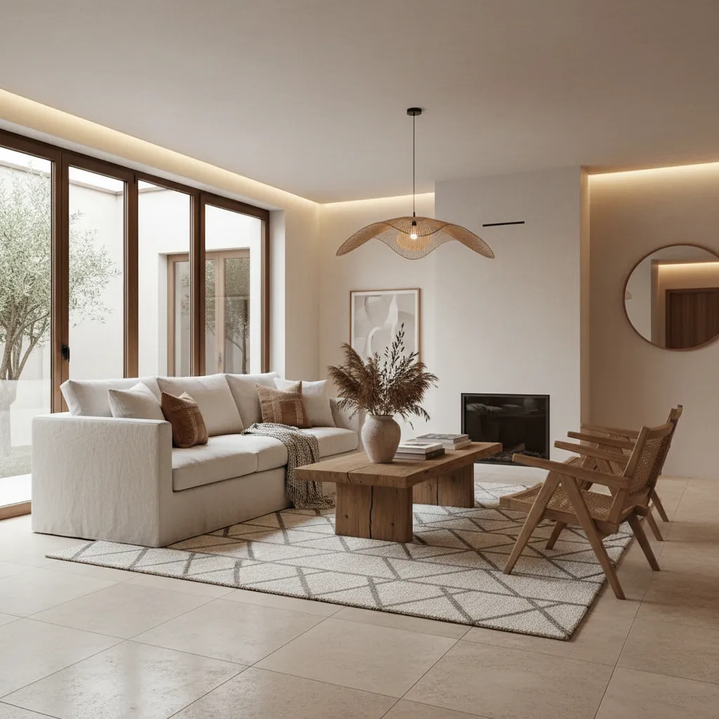 Salón moderno terminado con diseño interior contemporáneo y materiales naturales