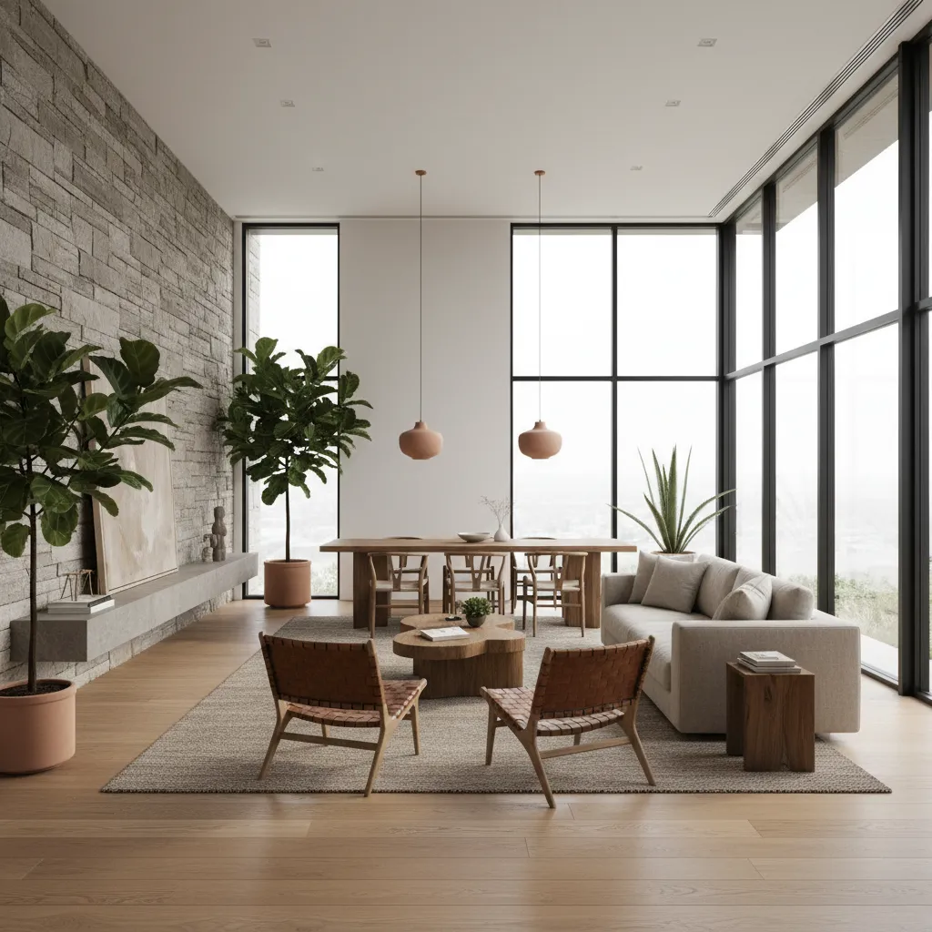 Modern living room with stone wall wooden dining table grey sofa ceiling lights and plants
