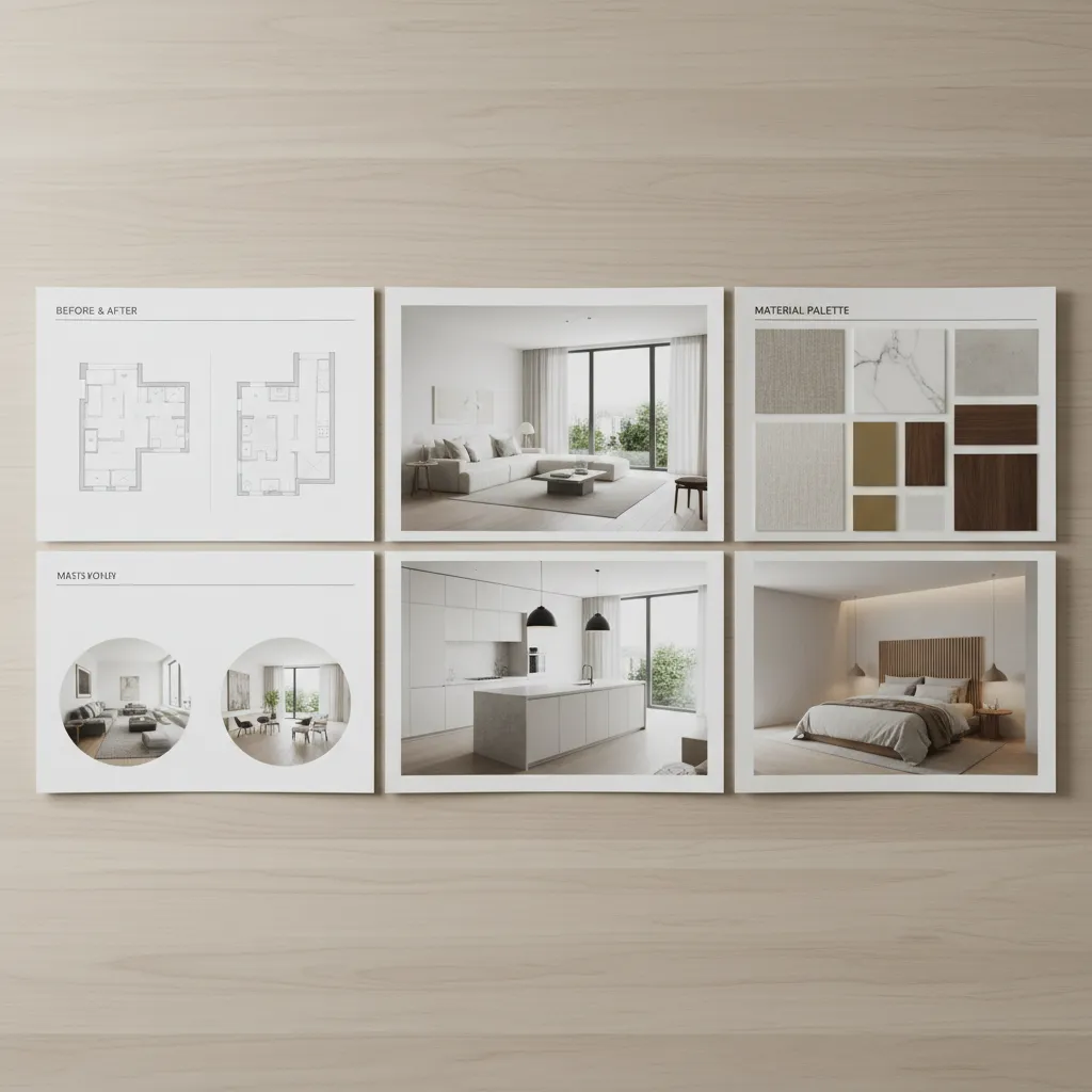 Interior design portfolio layout featuring room layout drawings interior design drawings and various material samples