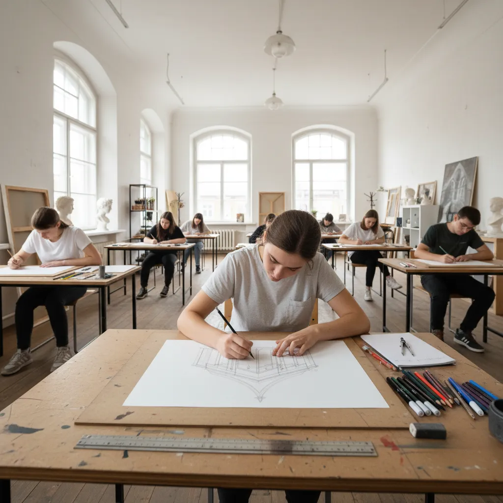Group of students sitting at separate desks in a classroom drawing house sketches on paper