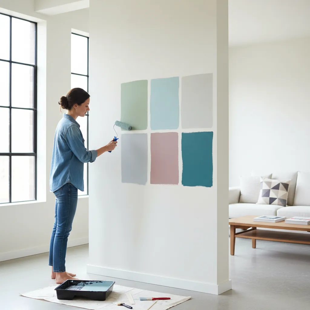 Persona probando diferentes muestras de pintura en una pared del salón