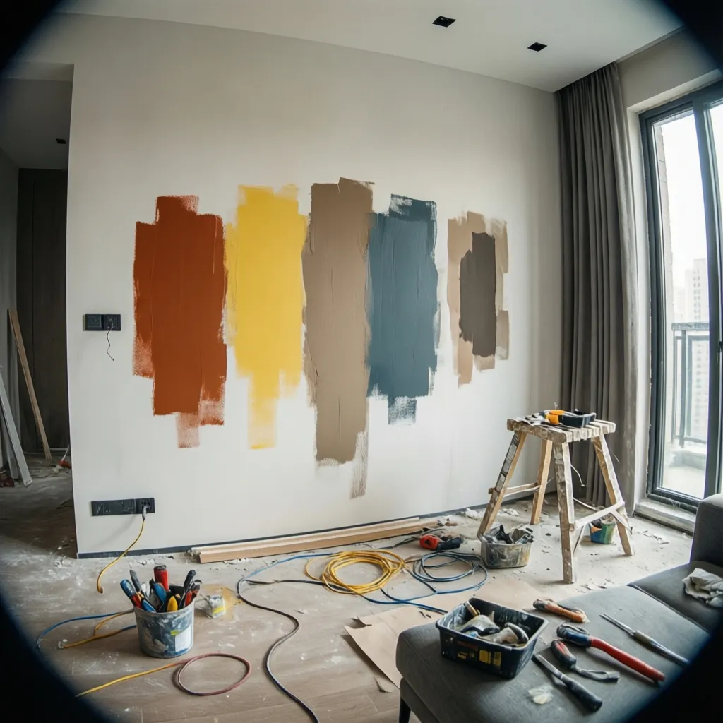 Parches de prueba de diferentes colores de pintura en una pared interior