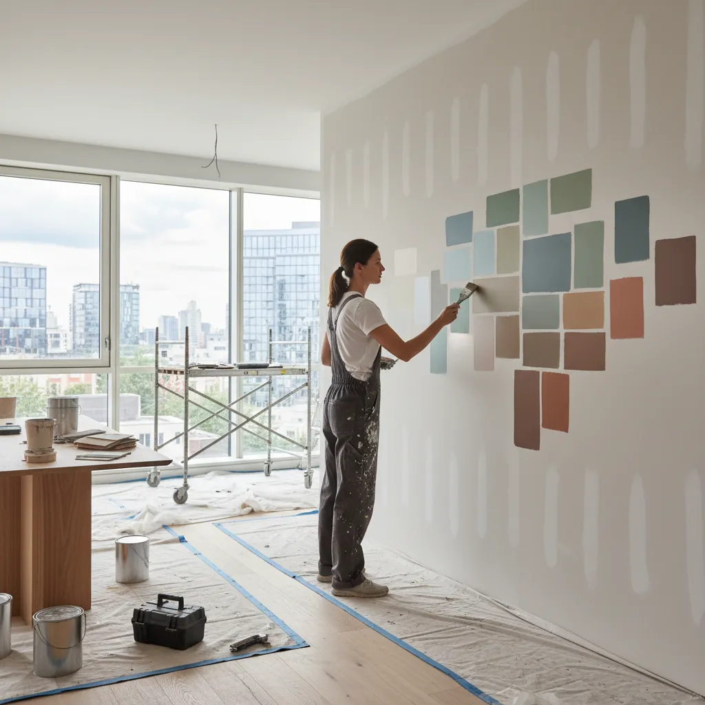 Woman painting various colorful square paint swatches on a white interior wall in a room