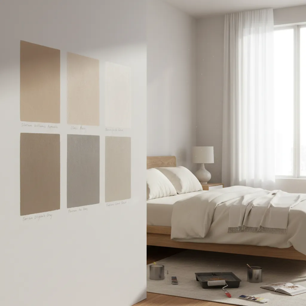 Muestras de pintura probadas en una pared de dormitorio