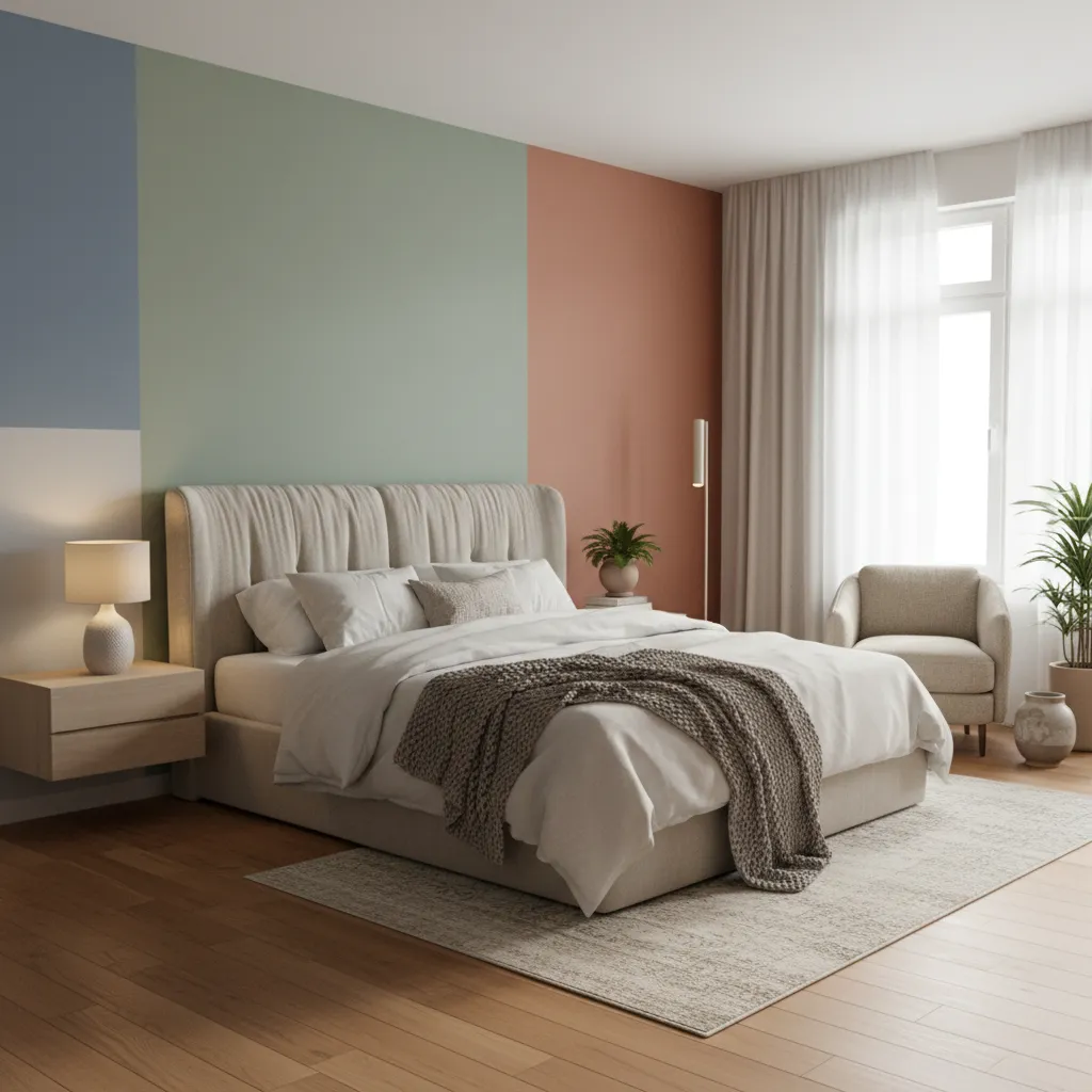 Modern bedroom with beige bed nightstand lamp and colorful wall panels in blue green orange