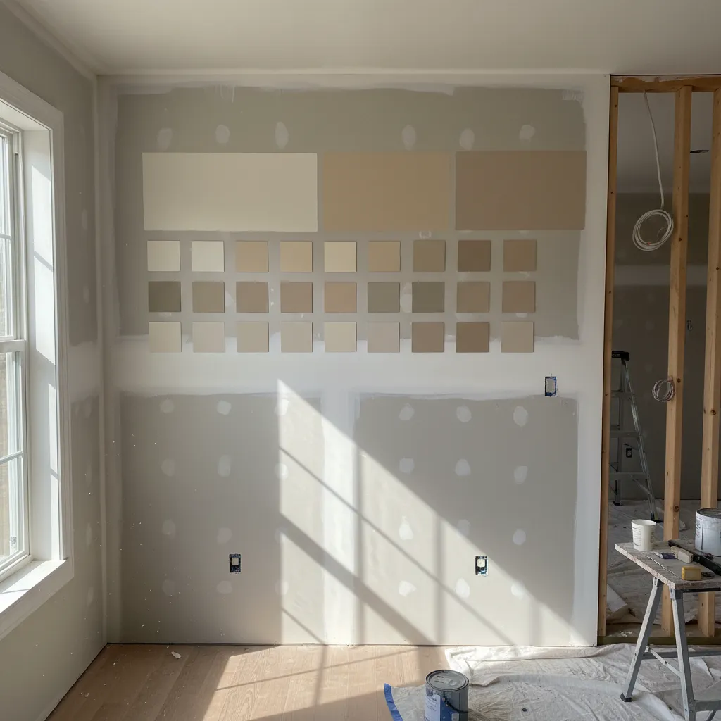 Neutral paint color samples displayed on a grey wall inside a room under home construction