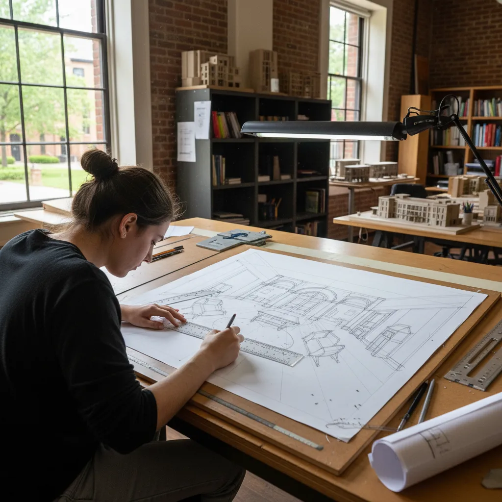 Woman sketching interior design drawing of room with ruler and pen on a wooden desk