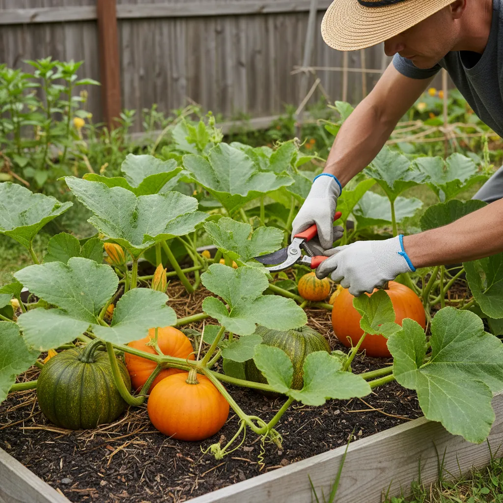 Gardener pruning pumpkin vines to encourage fruit growth