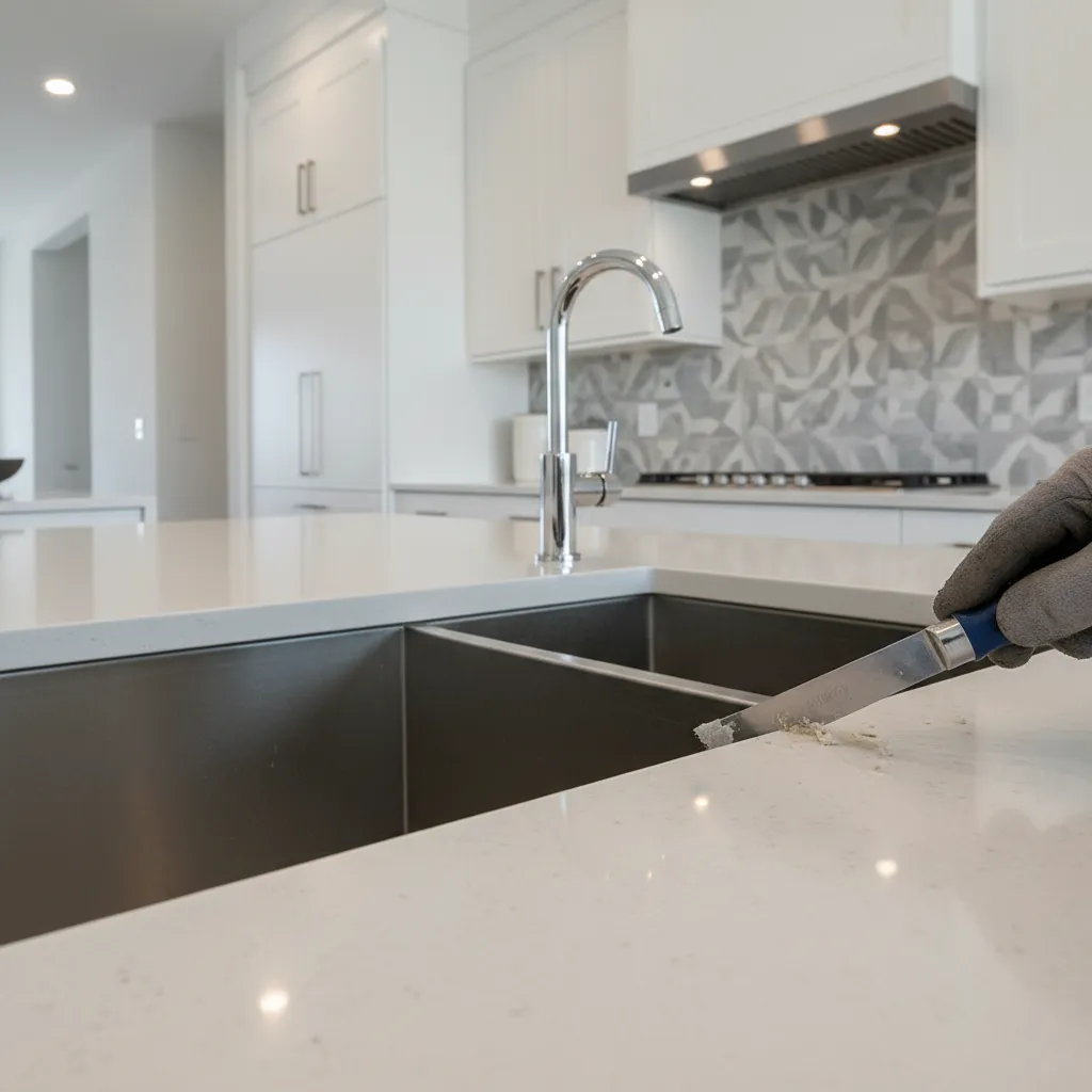 Person using a tool to remove glue from the edge of a white kitchen sink