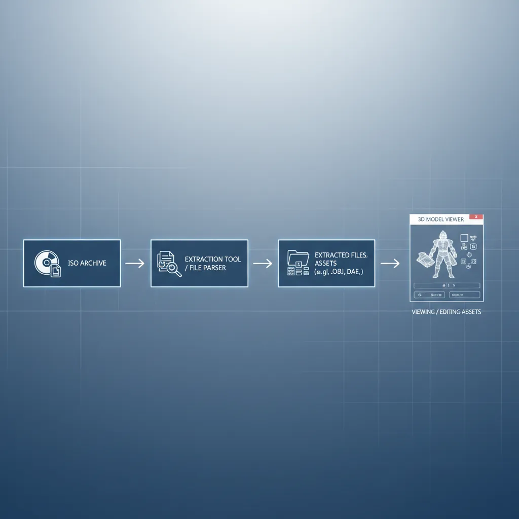 Diagram showing PSP game asset extraction workflow from archive to 3D model