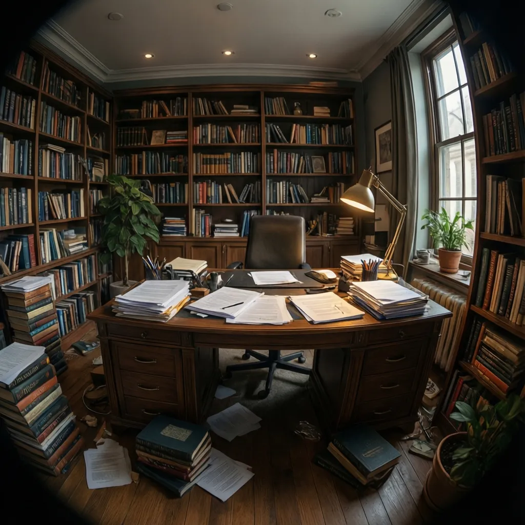 psychologist research office with books and analysis notes