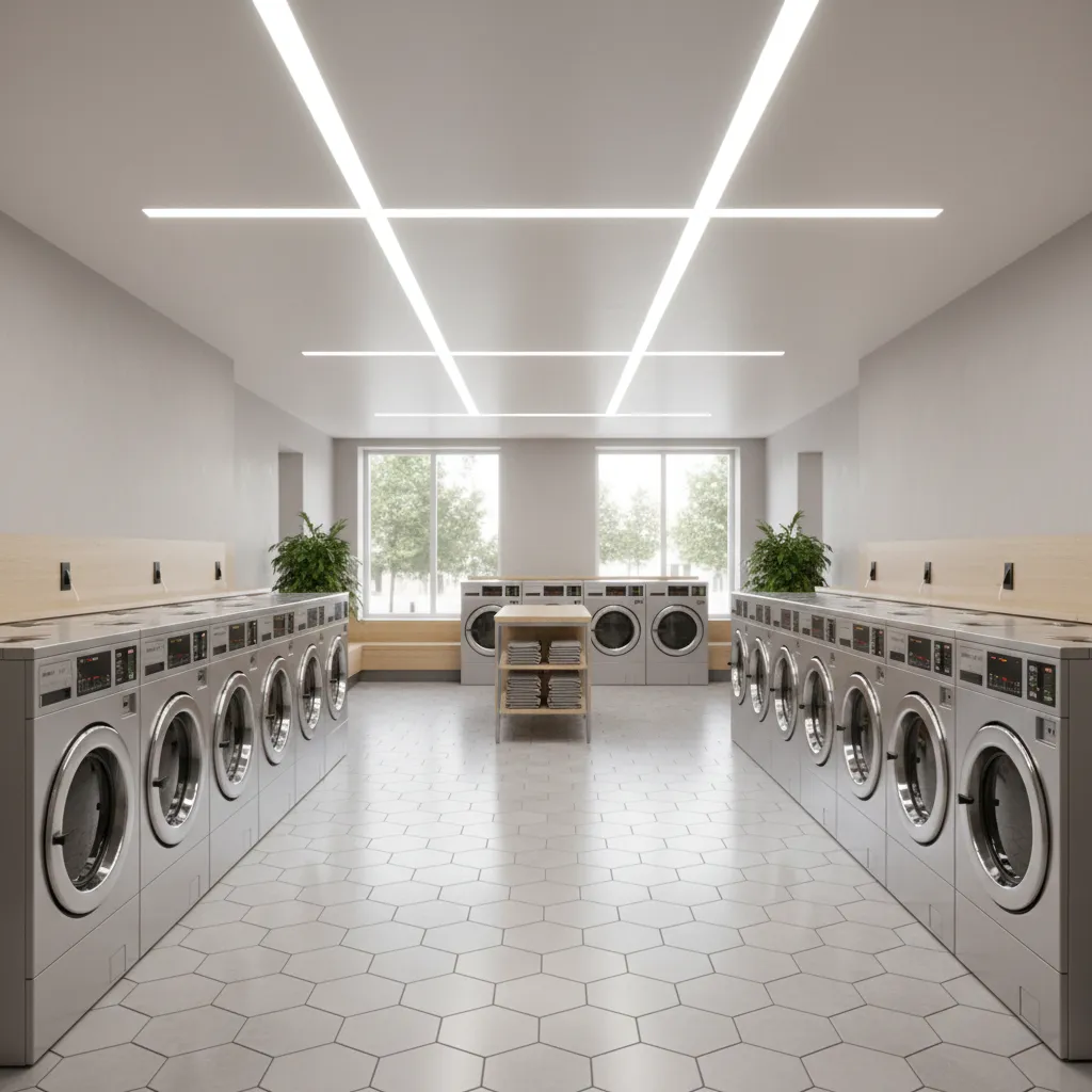 Shared laundromat room with rows of washing machines and dryers