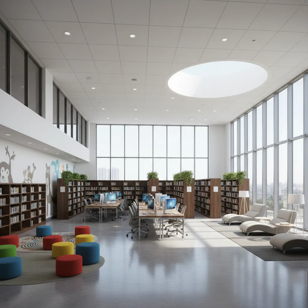 Public library interior showing children's area computer stations and reading spaces