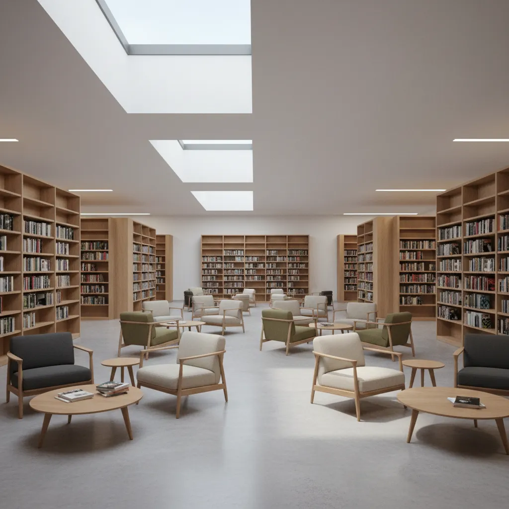 modern public library interior with open reading lounge and bookshelves