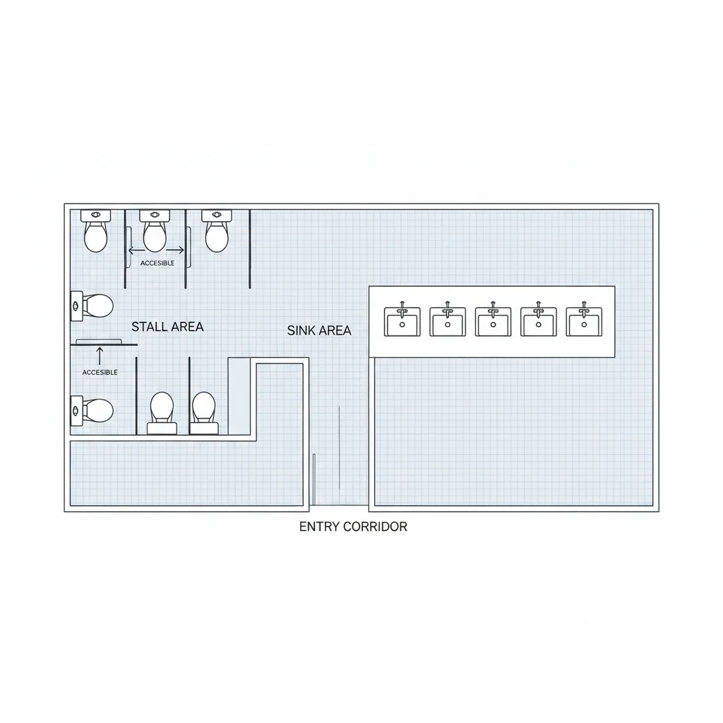 architectural floor plan diagram of a public restroom showing stalls sinks and entry corridor