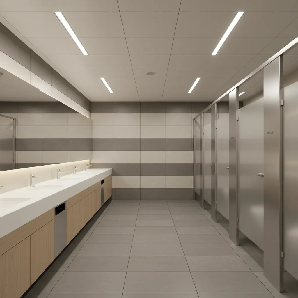 modern commercial public restroom interior with organized sink and stall zones