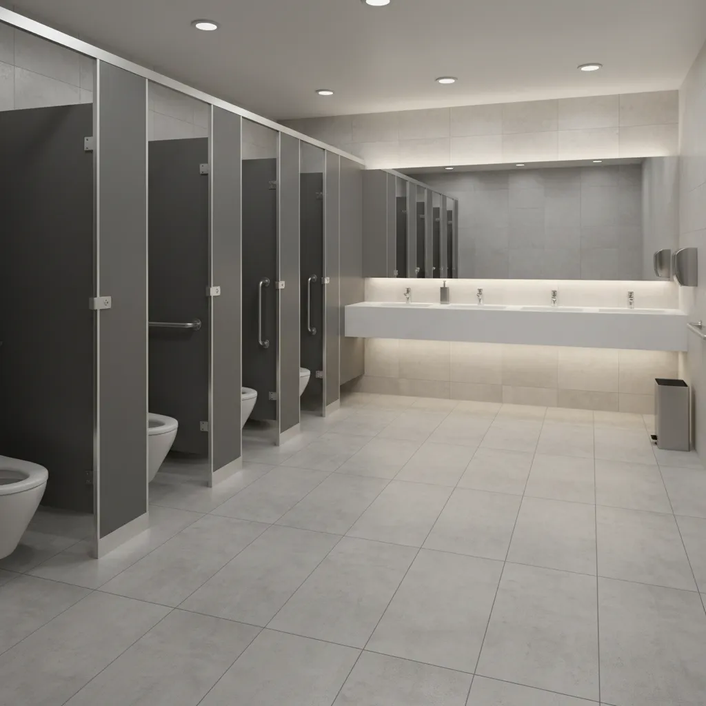 Vật liệu bền cho nhà vệ sinh công cộng với vách compact và gạch chống trượt