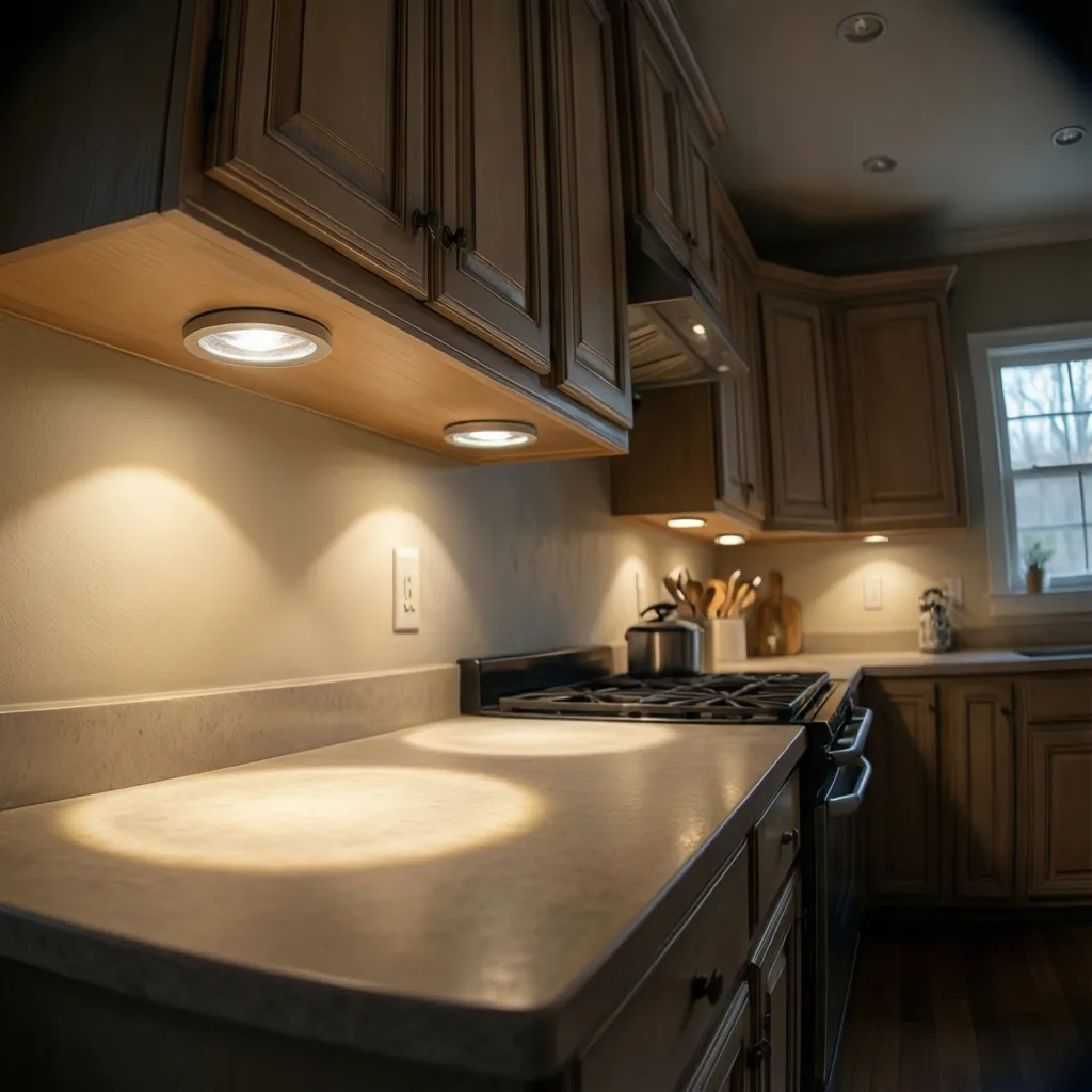 puck lights under cabinets creating circular light spots on kitchen countertop