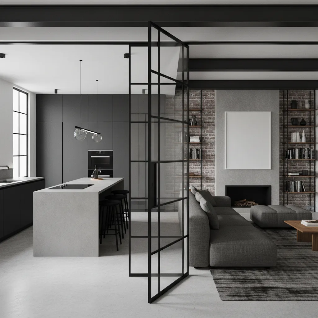 Puerta interior de aluminio negro con vidrio transparente entre salón y cocina