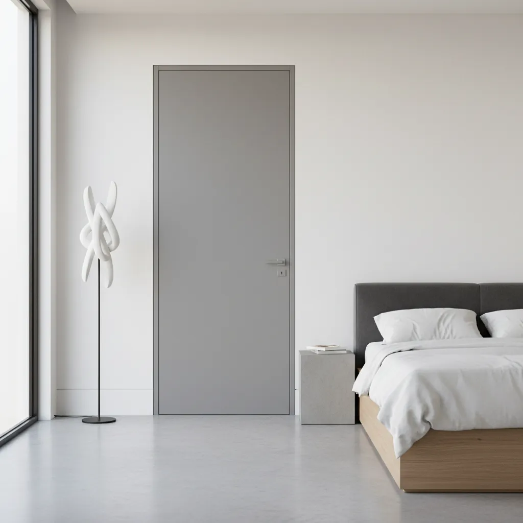 Puerta interior minimalista de aluminio gris en un dormitorio moderno