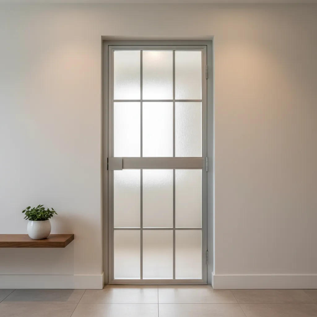 Puerta de aluminio con vidrio esmerilado en un baño moderno