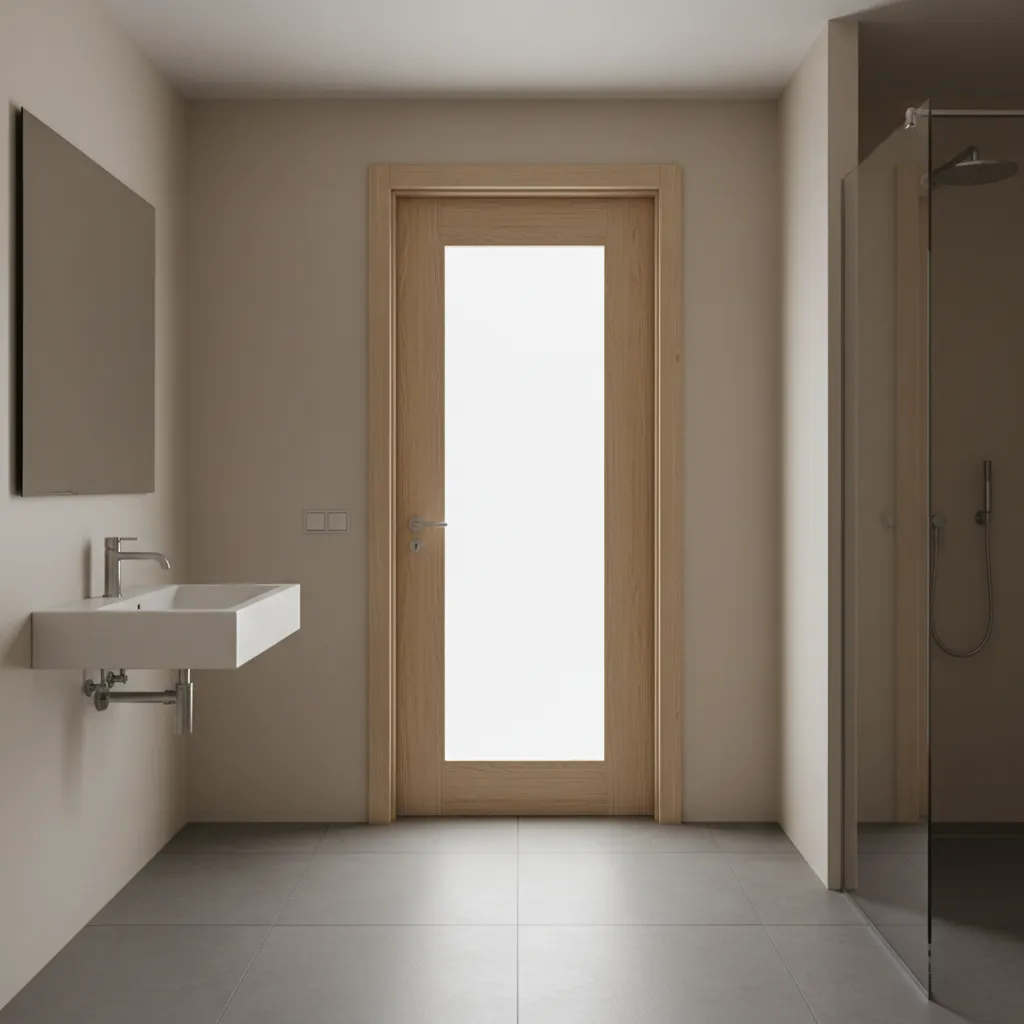 Puerta de baño con cristal esmerilado que ofrece privacidad