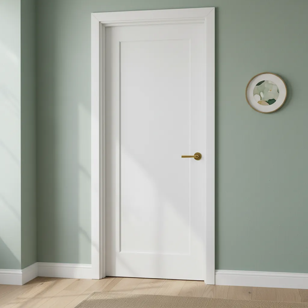 White door with gold handle on green wall with small round picture and wooden floor