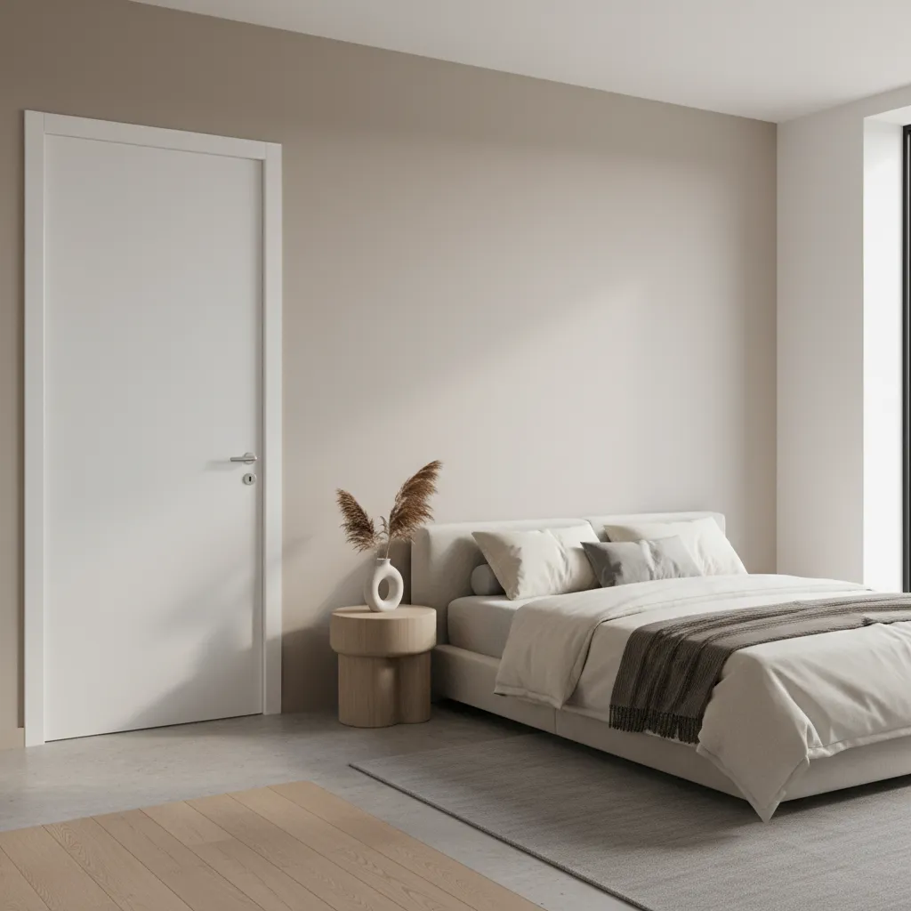 Puerta interior blanca satinada en un dormitorio moderno